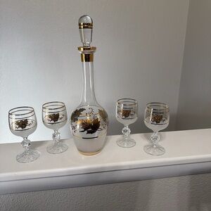 Gold and Clear Glass Decanter Set with Floral Design